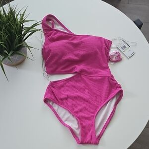 NWT Michael Kors Pink Ribbed One-Shoulder Cut Out Swimsuit
